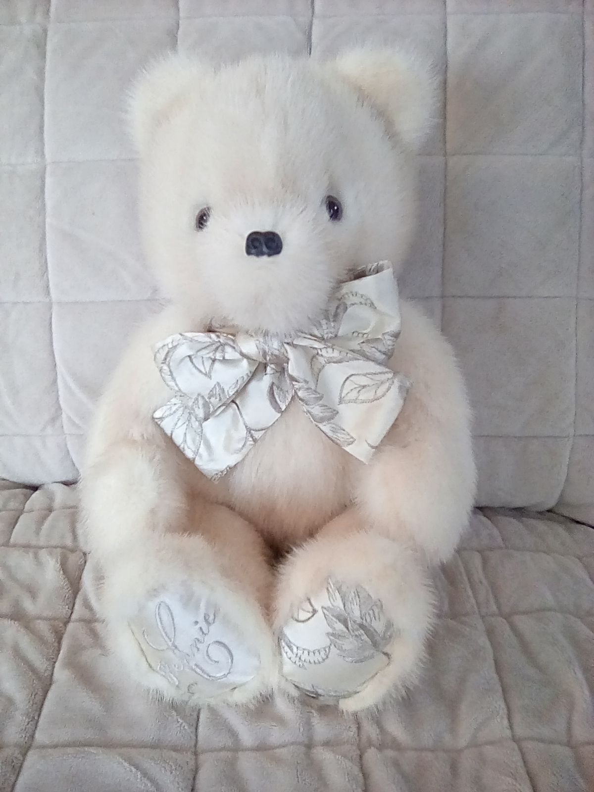 Rare Teddy Bear Initial BE Leather Paws White Fur 